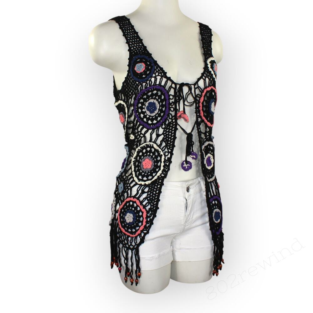 Luv Stori Crochet Knit Vest Black Pink Festival Fringe Tassels Beads S/M NWT